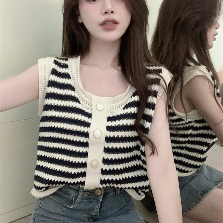 Áo dệt kim dệt kim vest rỗng dây áo vest rộng tay không tay nữ hàng đầu thời trang nữ vest
