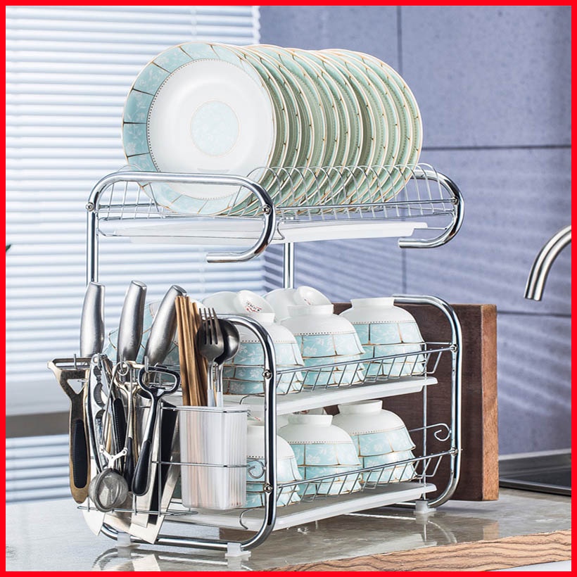 Kệ đựng chén bát inox 304 đẹp kích thước 42x25x44cm, Kệ úp bát đĩa inox 3 tầng tặng kèm khay hứng nước ống cắm đũa thìa