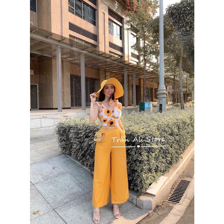 Set nữ đi chơi sang chảnh, Set áo croptop tay bèo nơ lưng quần suông dài, đồ nữ đẹp giá rẻ
