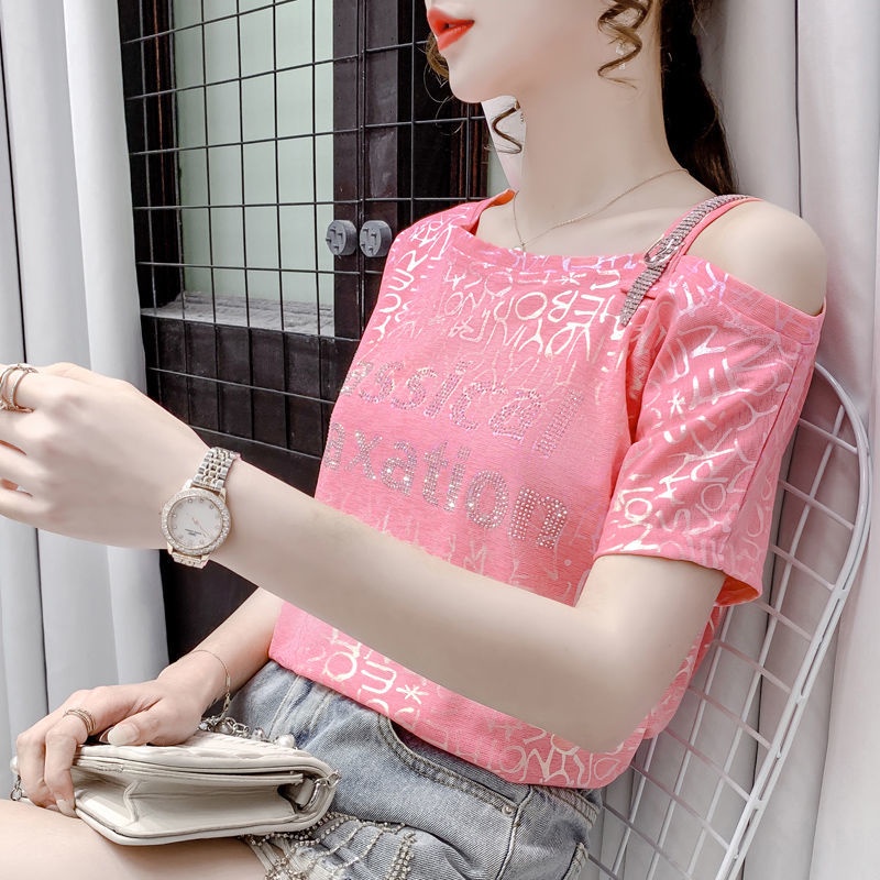 Áo Thun Tay Ngắn Lệch Vai Đính Đá Thời Trang Dành Cho Nữ