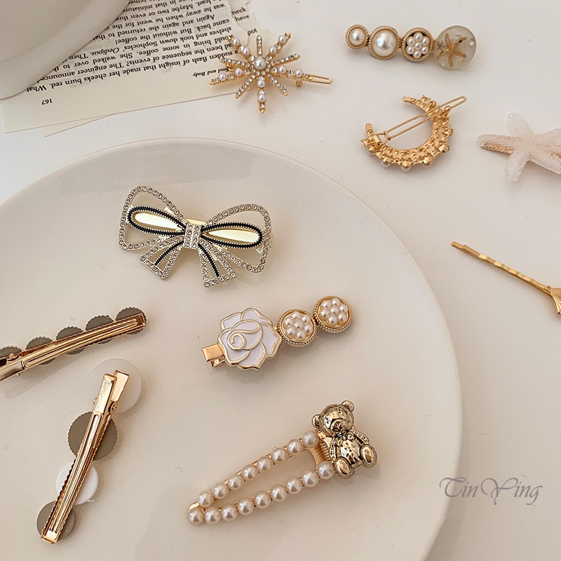 GETNOIVAS Set 5 kẹp tóc đính hạt kim loại phong cách cổ điển ngọt ngào cho nữ