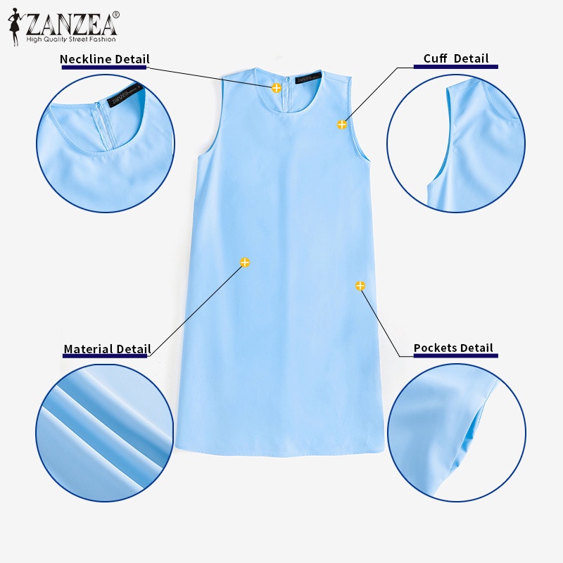 Đầm ZANZEA mini không tay cổ tròn màu trơn thời trang cho nữ
