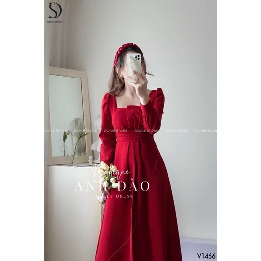 Váy nữ dự tiệc xẻ ngực tay dài Vintage dáng xoè maxi chất cotton Nhật V0034 màu trắng đỏ DENI DRESS
