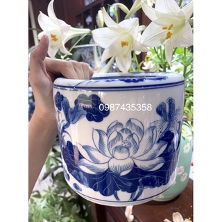 Bát hương men lam vẽ sen gốm sứ Bát Tràng