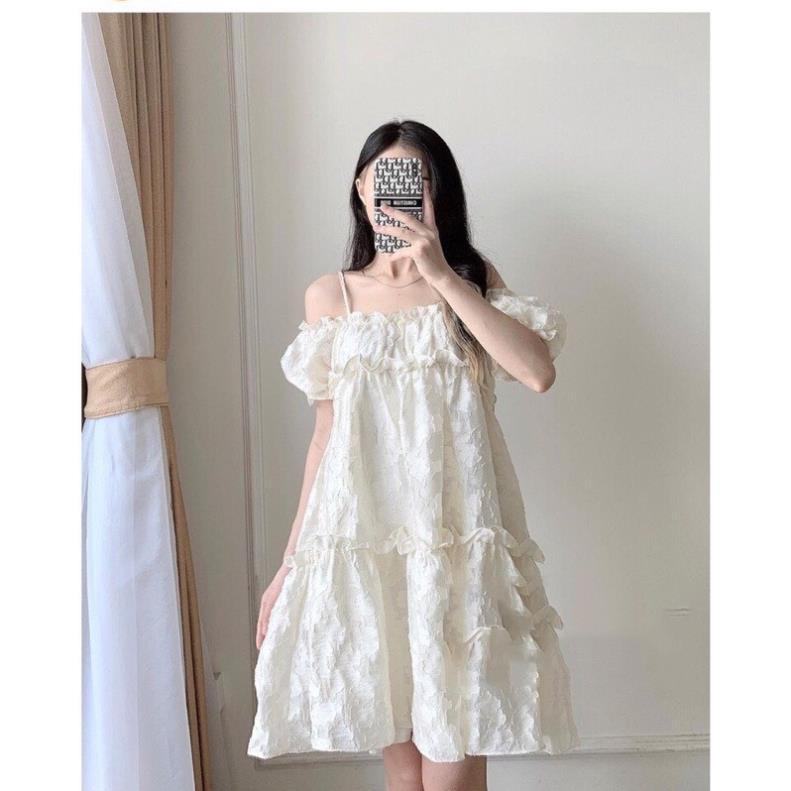 Váy babydoll trễ vai dáng xoè 2 lớp Đầm 2 dây dáng ngắn ulzzang voan tơ hoa nổi tiểu thư - Dolala