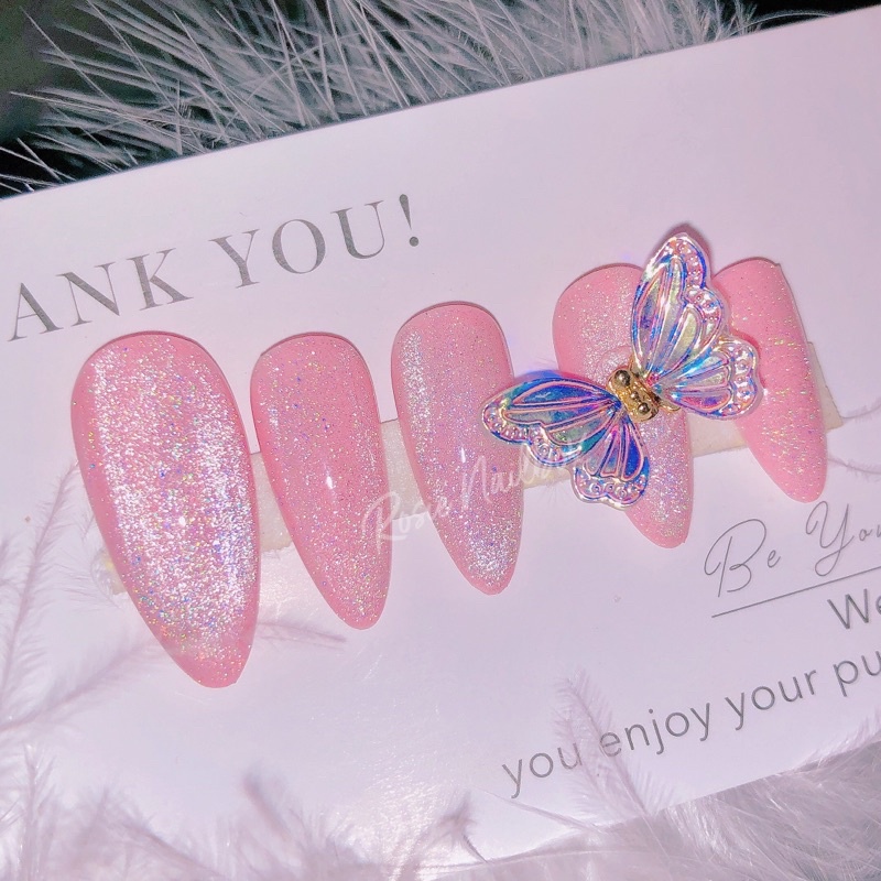 Móng úp mắt mèo cầu vồng màu hồng kèm nơ lấp lánh xinh lung linh kèm keo và dũa