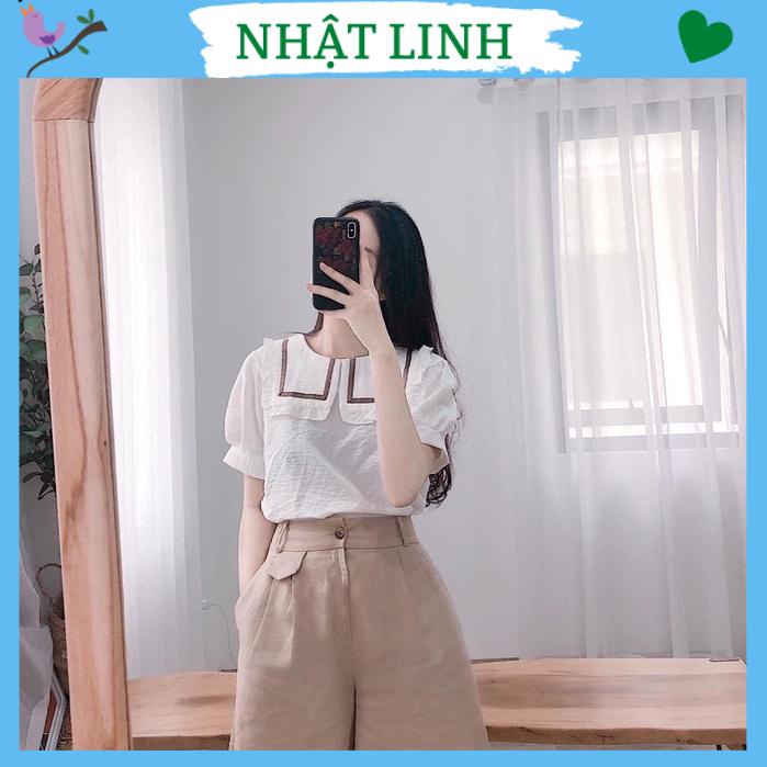 Áo kiểu nữ NHẬT LINH áo kiểu ngắn tay cổ phối bèo sọc viền xinh xắn - A127