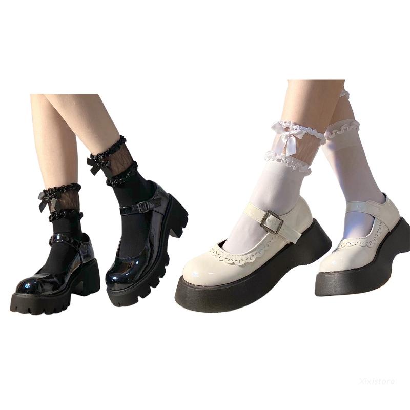 Đôi vớ bằng nylon co giãn phối ren đính nơ phong cách lolita dễ thương dành cho nữ