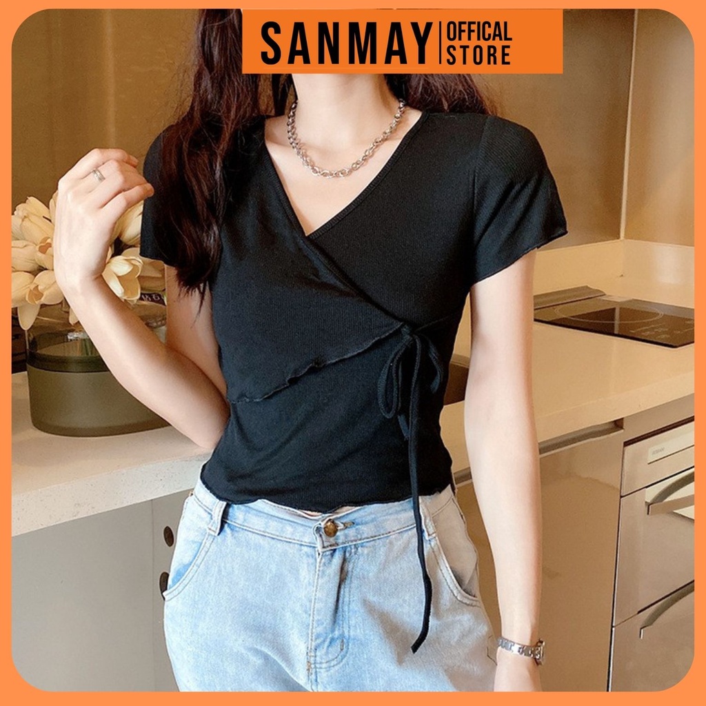 Áo Croptop Kiểu SANJOLI Croptop Tay Ngắn Nữ Ôm Body Hở Ngực Sexy Hai Màu Trắng Đen AO032