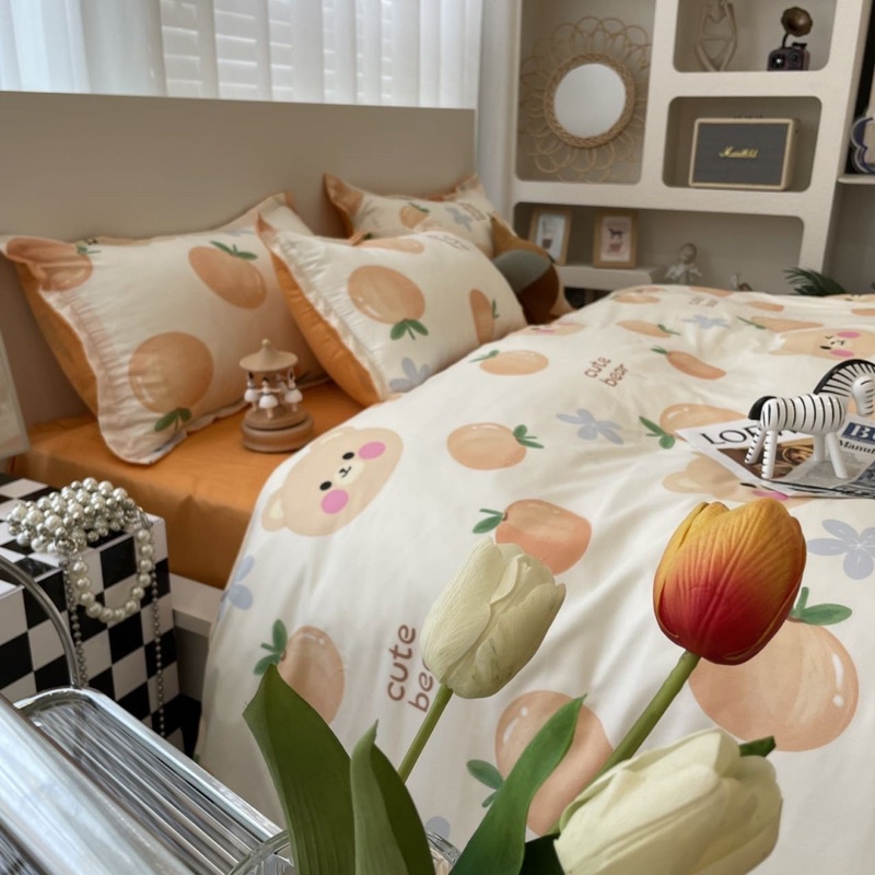 COTTON POLY 3D|Bộ vỏ chăn ga cotton poly mẫu quả cam, đủ size ga giường