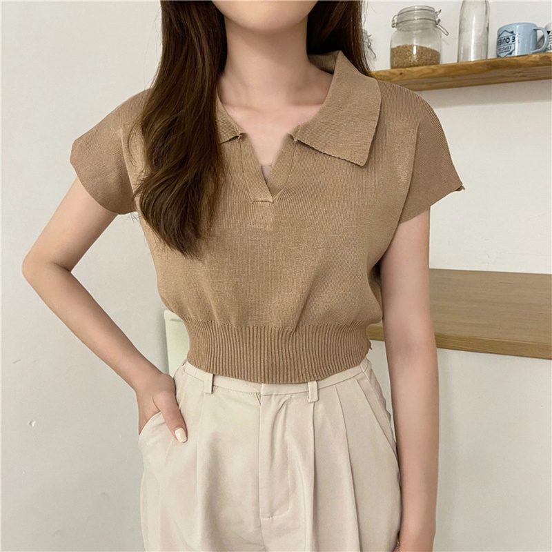 Áo Thun Croptop Dệt Kim Tay Ngắn Cổ Chữ V Dáng Ôm Thời Trang Quyến Rũ Cho Nữ