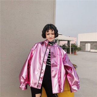 [ order] áo khoác bomber form rộng halogram 2 màu bạc - hồng