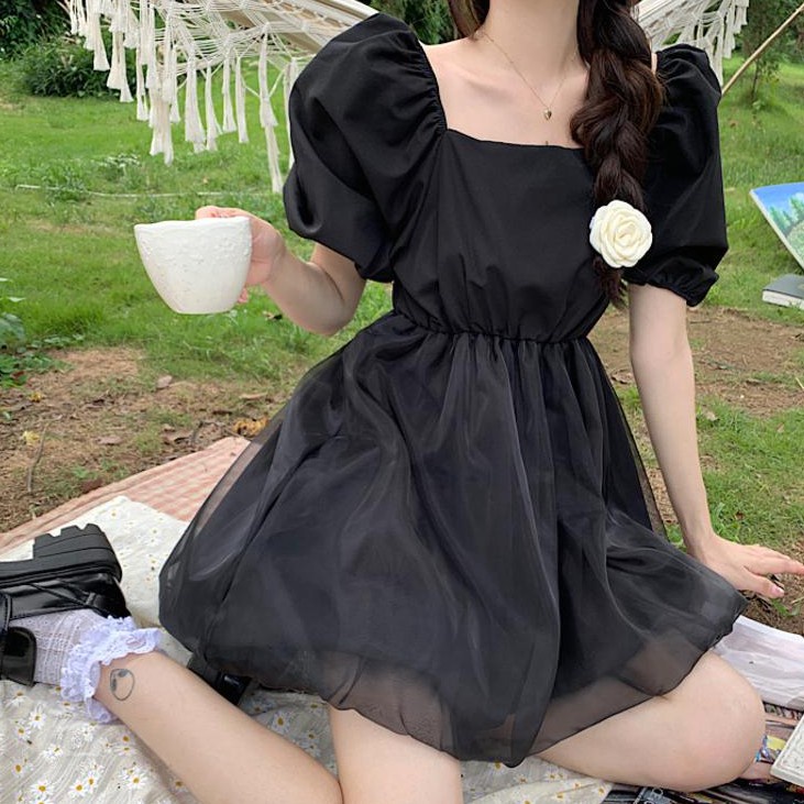 Đầm ngắn tay phồng phối lưới thời trang mùa hè 2021 xinh xắn cho nữ