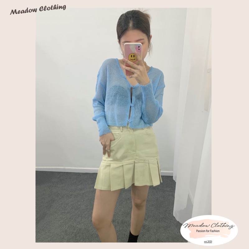 Áo cardigan nữ len mỏng màu trắng/hồng/xanh lá/xanh dương + Chân váy kaki chữ A xếp ly đuôi màu hồng/kem - Meadow