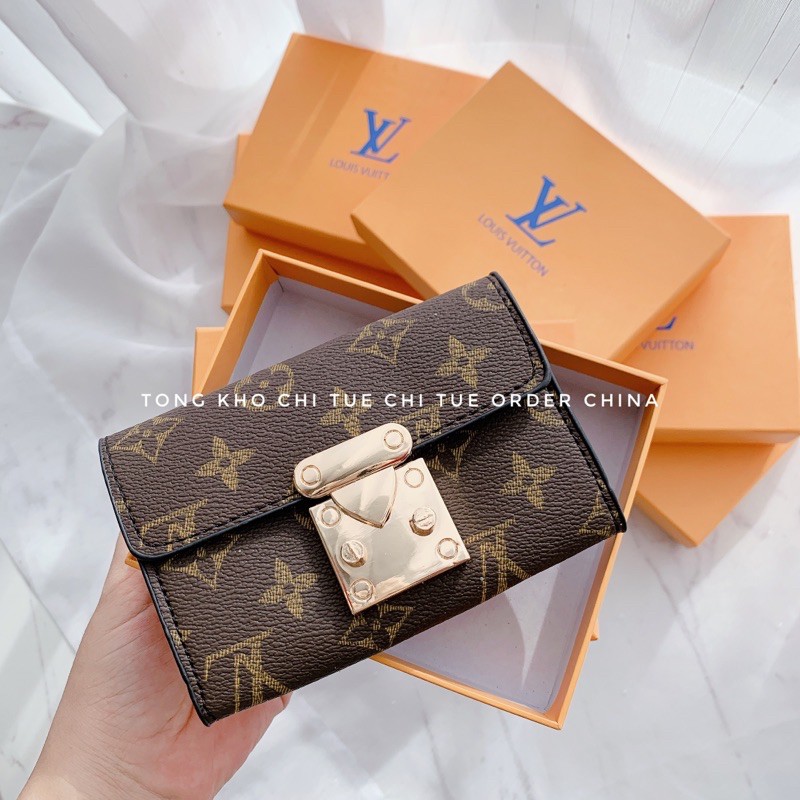 Ví Bóp Mini Vuông Levi Nâu Đựng Tiền Nữ Khoá Đồng Da Siêu Bền