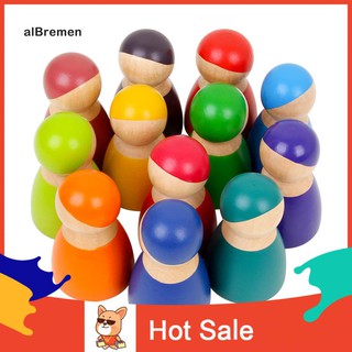✌Al 12Pcs Rainbow Wooden Peg Doll Figure Body Pretend Play Kids Educational Toy