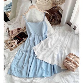 Set 2 món váy hai dây và áo khoác cardigan, Set áo cardigan đũi mix váy hai dây xinh xắn ulzzang