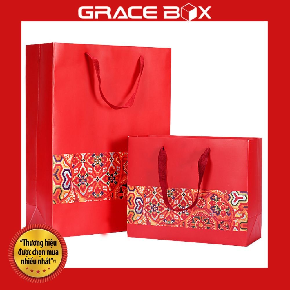 Túi Giấy Quà Tặng Màu Đỏ Các Dịp Lễ Tết - Hoa Văn Lễ Hội Ngũ Sắc May Mắn - Siêu Thị Bao Bì Grace Box