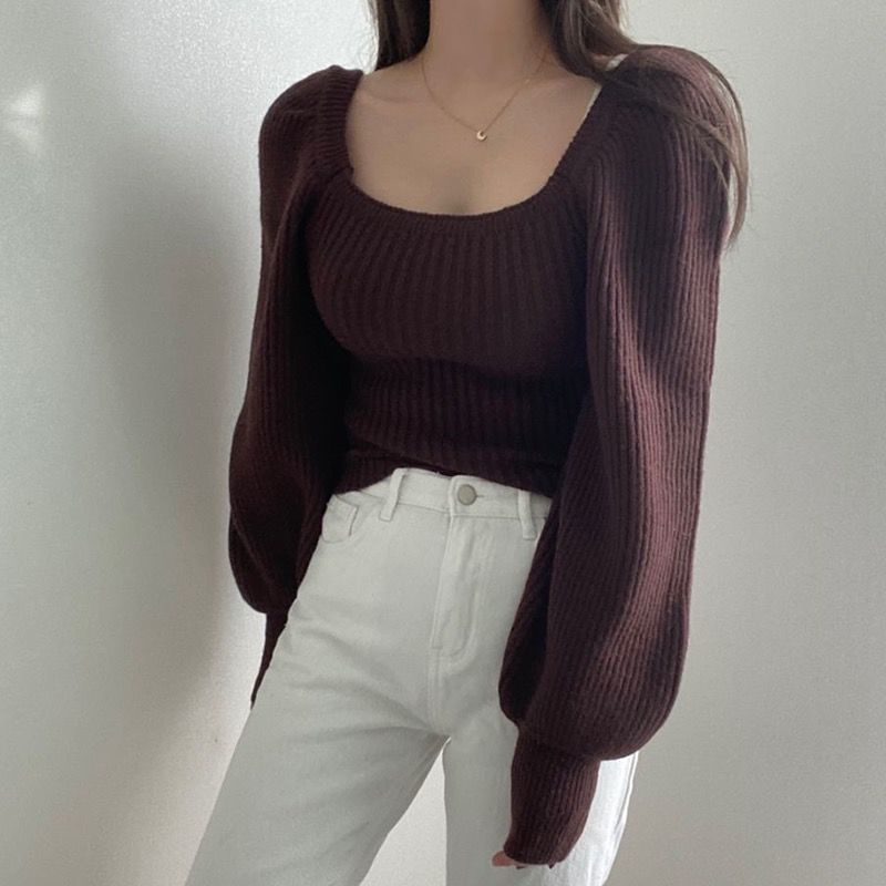 Áo Dệt Kim Tay Dài Cổ Vuông Phong Cách Retro 208245 Áo Sweater Tay Phồng Dáng Ngắn Thời Trang Hàn Quốc
