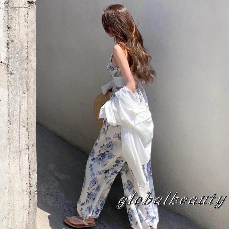 Set Áo 2 Dây Cổ Chữ V In Hoa + Quần Dài Lưng Thun Thời Trang Nữ