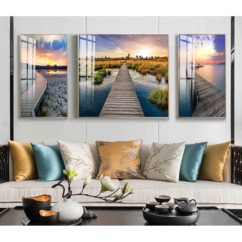 60 x 120 cm Bộ 3 Tranh Treo Tường Canvas Thuyền Biển Bình Minh Hoàng Hôn Bầu Trời Xanh Trang Trí Khách Sạn Resort