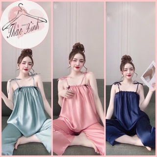 👉👉 sét đồ ngủ hai dây nhún cột nơ👉👉 lụa satin cao cấp tiểu thư dễ thương