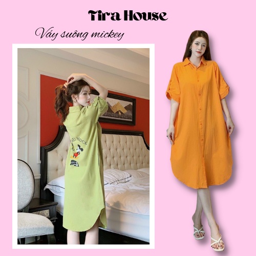 Váy suông cổ sơ mi họa tiết chuột mickey sau lưng, đầm chất thô dáng đứng VSM308 - Tirahouse