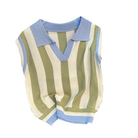 Áo Sweater Sát Nách Dáng Rộng Cổ Polo Họa Tiết Kẻ Sọc Màu Sắc Tương Phản Thời Trang Mùa Hè Cho Nữ