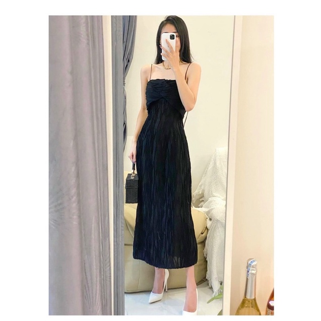 Đầm maxi hai dây đi biển vải thun gợn sóng