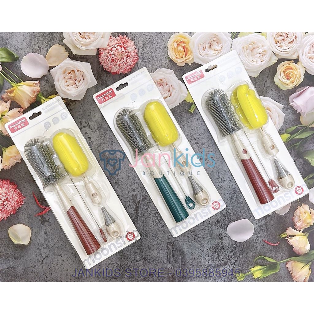 Bộ cọ rửa bình sữa silicon cao cấp MOONSHIP 4 chi tiết, tay cầm xoay 360 độ phù hợp với mọi loại bình