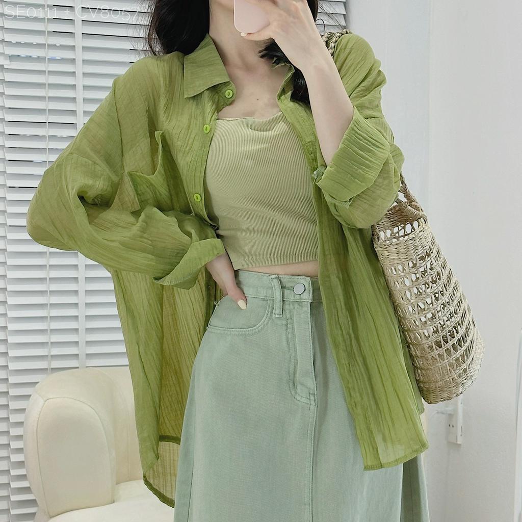 [SE0111] Set áo sơ mi tơ nhăn mỏng trơn kèm quây có mút đệm ngực form rộng (Ảnh thật/ có sẵn)
