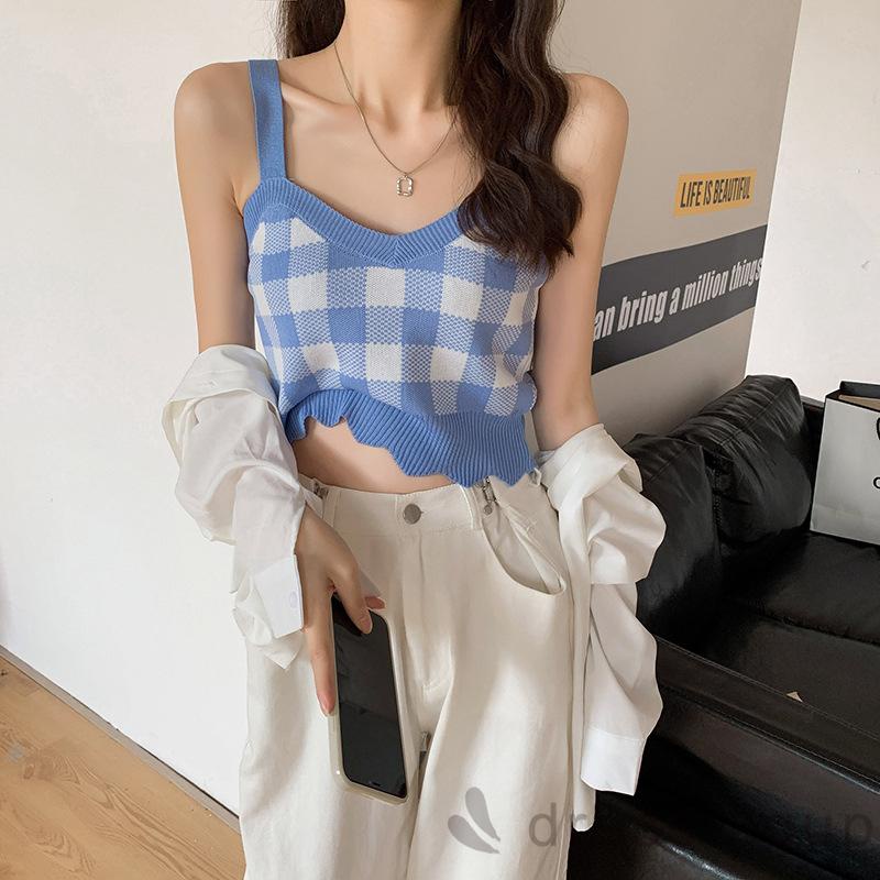 Áo Croptop Dệt Kim Không Tay Cổ Chữ V In Họa Tiết Caro Cổ Điển Dành Cho Bạn Nữ