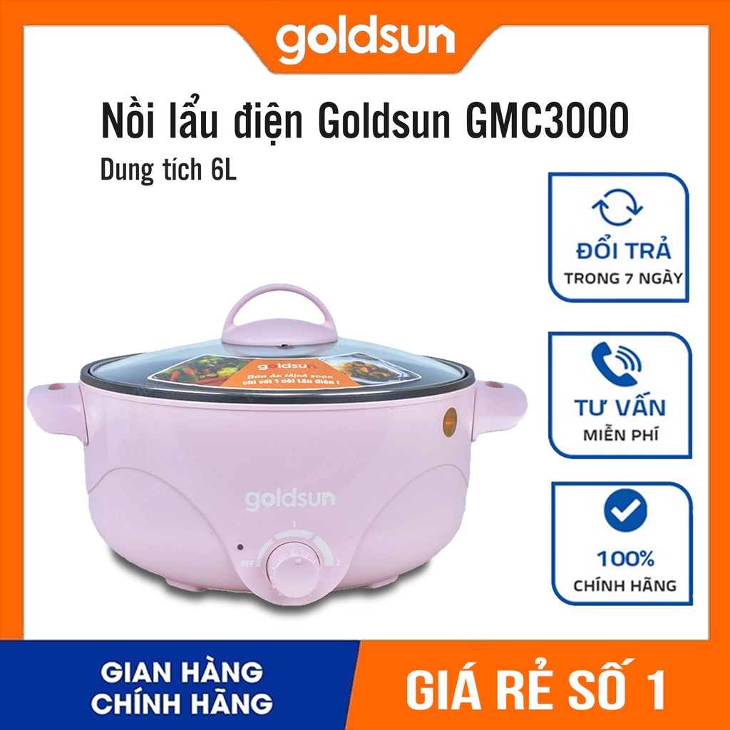 Nồi lẩu điện Goldsun GMC3000 dung tích 3L, nồi lẩu đa năng lòng nồi Inox chống dính tay cầm cách nhiệt Bảo hành 12 tháng