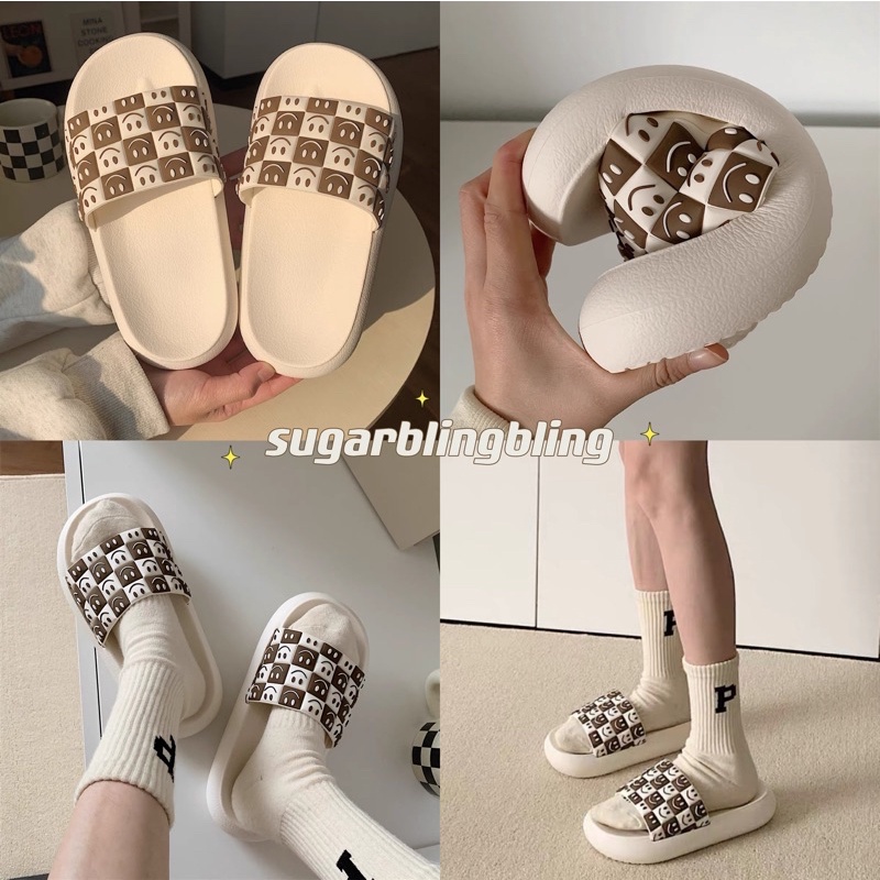 Dép bánh mì, Dép quai ngang mặt cười kẻ caro phong cách ulzzang | Sugarblingbling