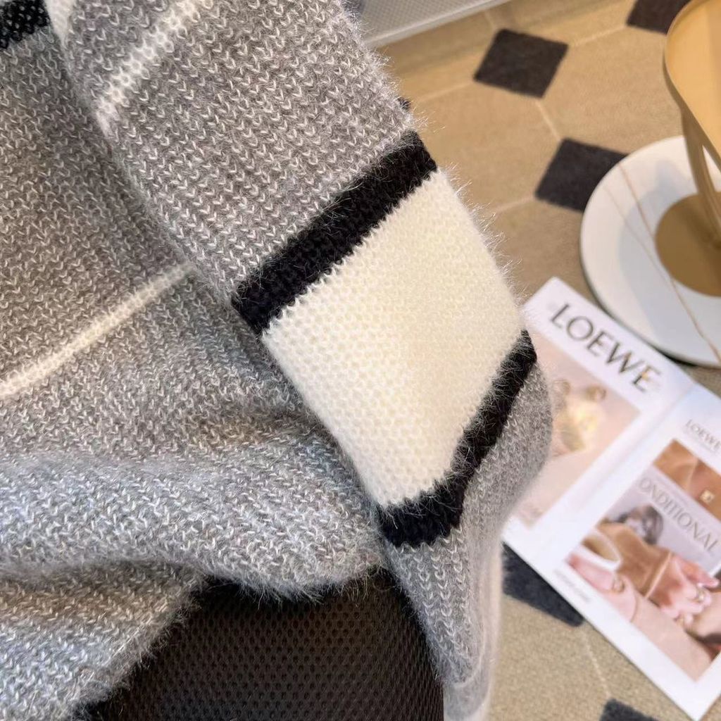 Áo Len Ngắn Dáng Rộng Họa Tiết Kẻ Sọc Màu Sắc Tương Phản Thời Trang Thu Đông Phong Cách Hàn Quốc Cho Nữ