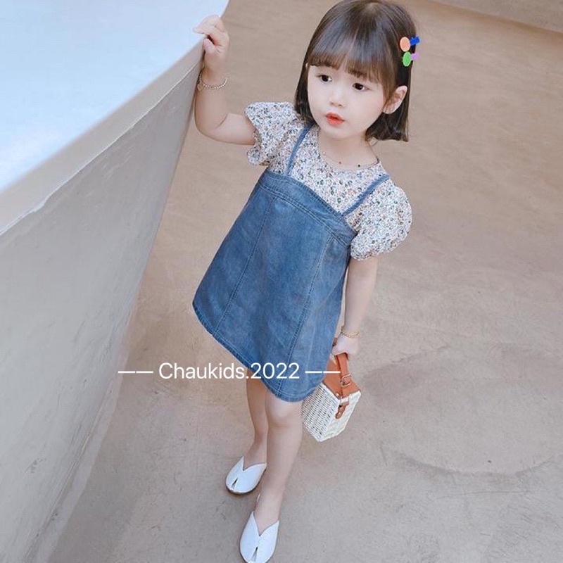 Váy jean phối hoa nhí bé gái