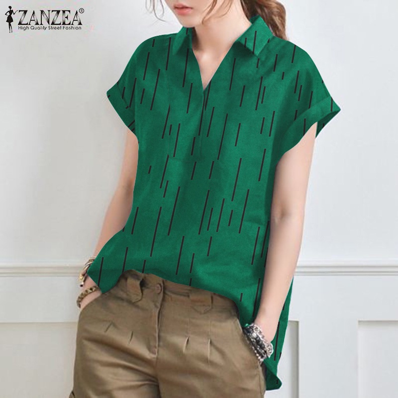 Áo sơ mi ZANZEA tay ngắn cổ bẻ in họa tiết kẻ sọc thời trang cho nữ