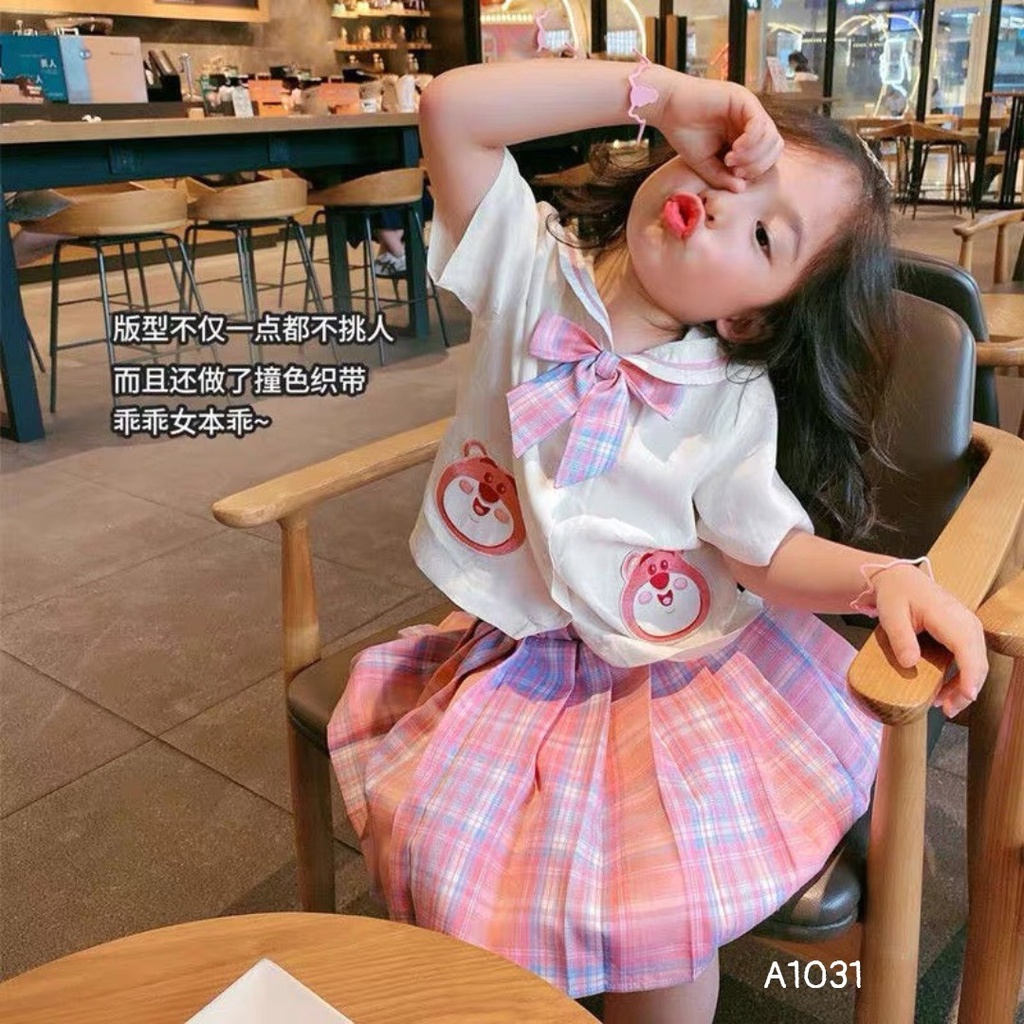 Sét váy xếp ly màu hồng và áo đũi trắng đi học đi chơi đều đẹp nha các mẹ cho bé từ 18-35kg