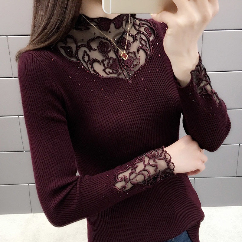 Áo sweater dệt kim tay dài cổ phối ren thời trang thu đông 2020 cho nữ