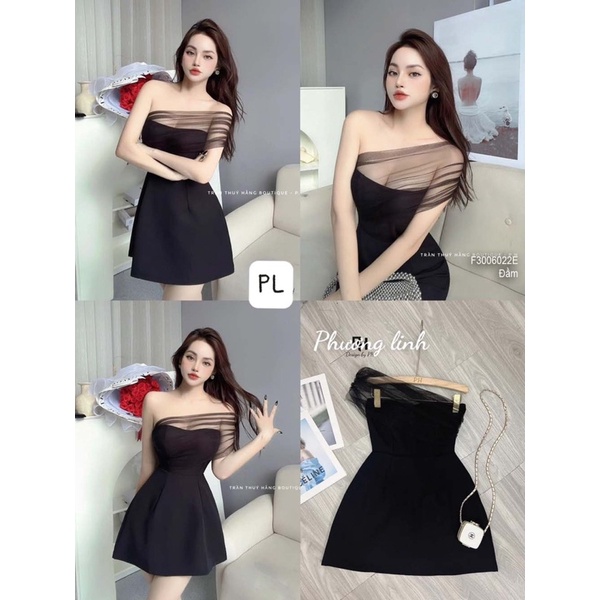 Đầm xòe đen phối lưới trễ vai