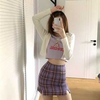 [Order] Set áo khoác cardigan trắng + áo thun croptop tím + chân váy caro tím hot trend 2020