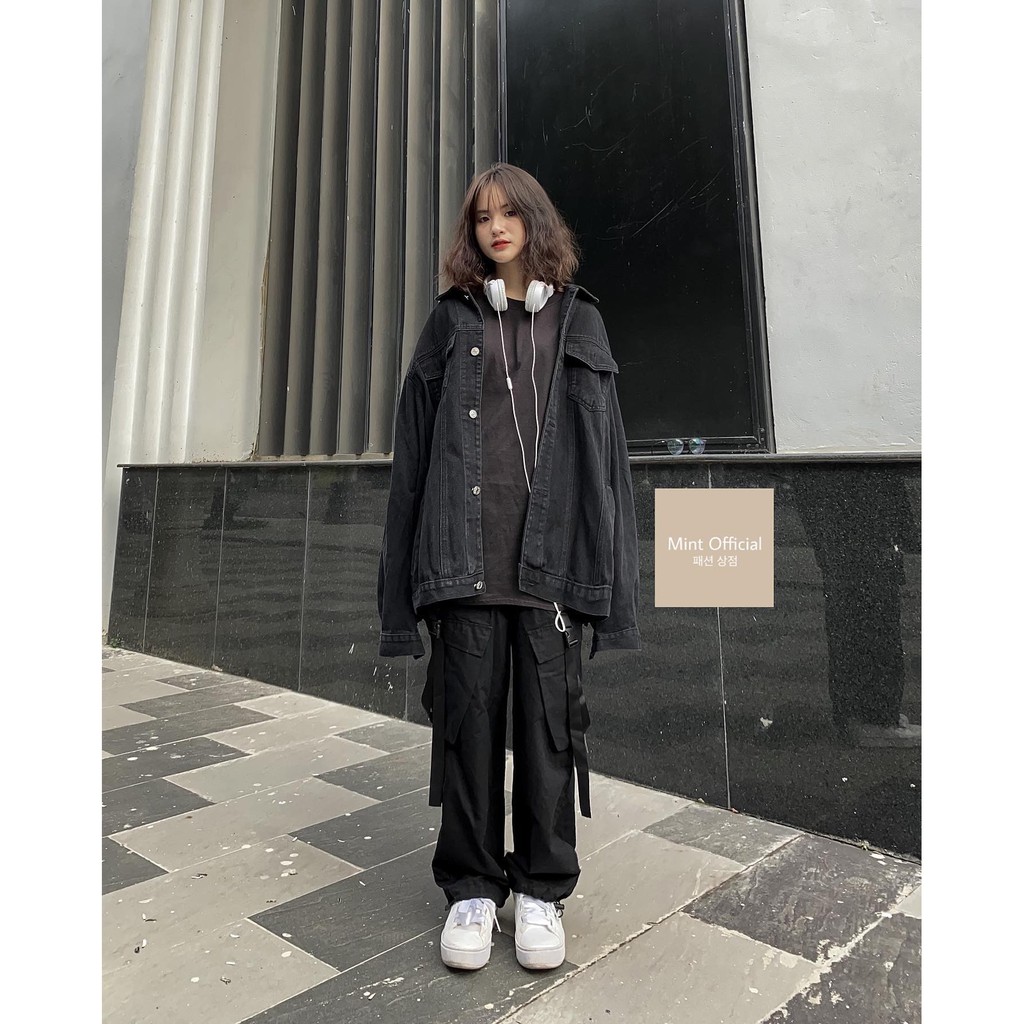 Áo khoác bò màu đen dáng dài rộng