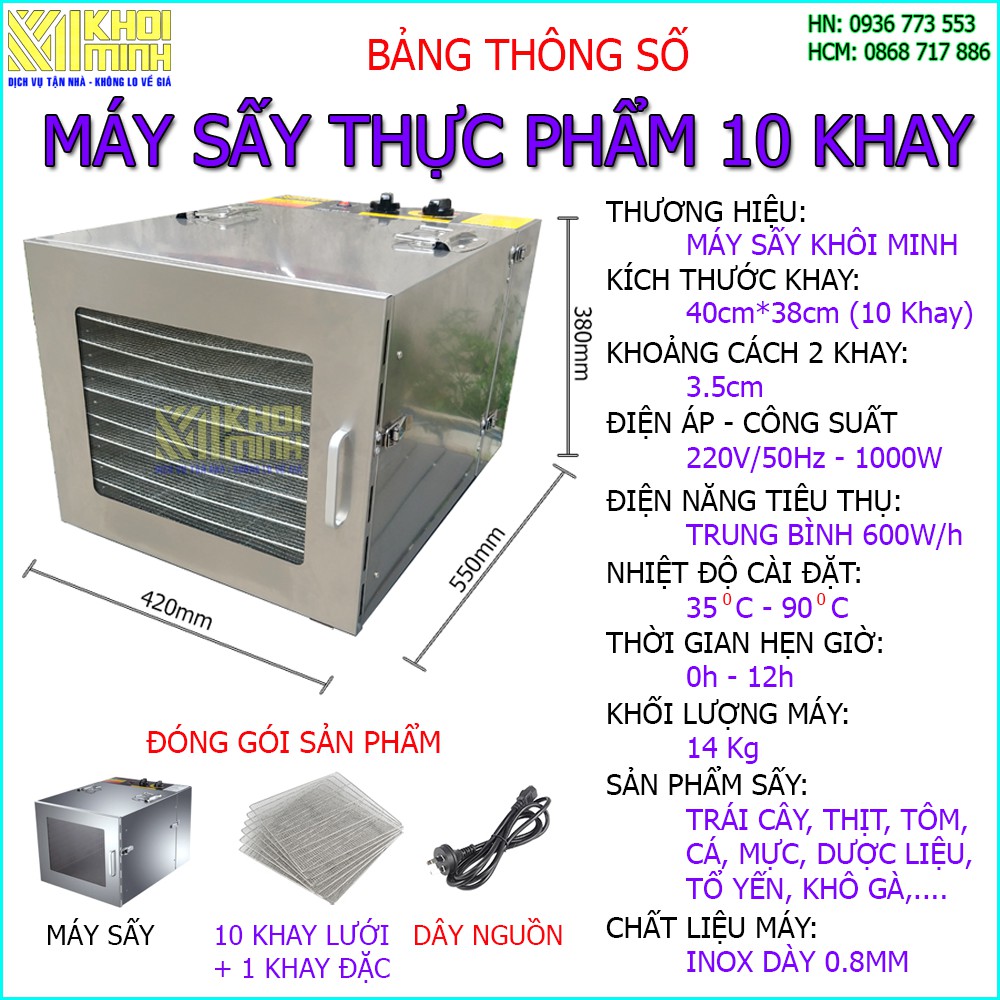 Máy sấy thực phẩm 10 khay Khôi Minh, chất liệu inox, Máy sấy thực phẩm kinh doanh