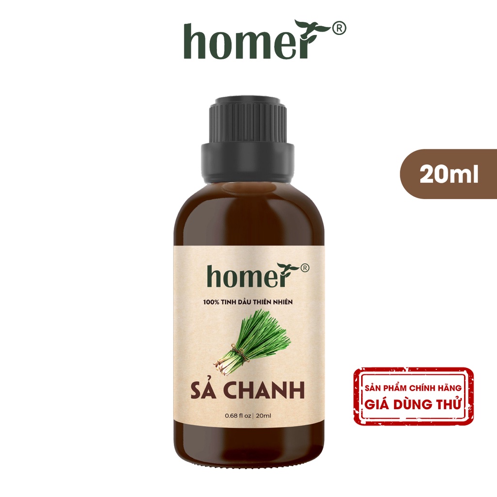 Tinh dầu thơm phòng Homer 20ml - Essential Oils - Chứng nhận FDA Hoa Kỳ - Khử mùi, đuổi muỗi - Sả chanh, bạc hà