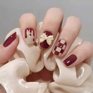 YADORNOS Bộ 24 móng tay giả che phủ toàn bộ móng họa tiết sọc ca rô và đính nơ thời trang dành cho nữ