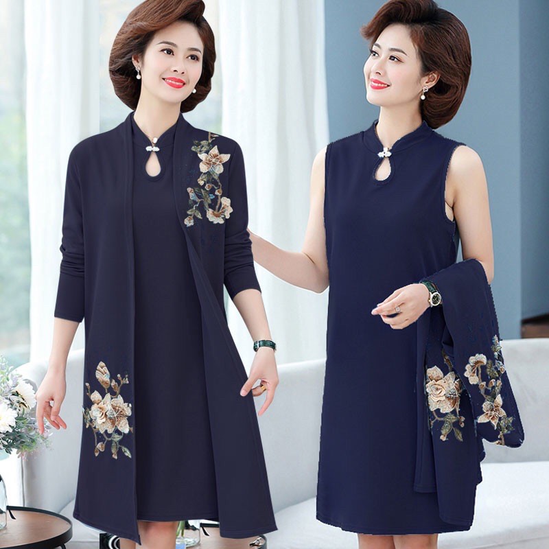 Set đầm trung niên nữ cao cấp, thiết kế rời 2 mảnh, phối hoa sang trọng NV0676