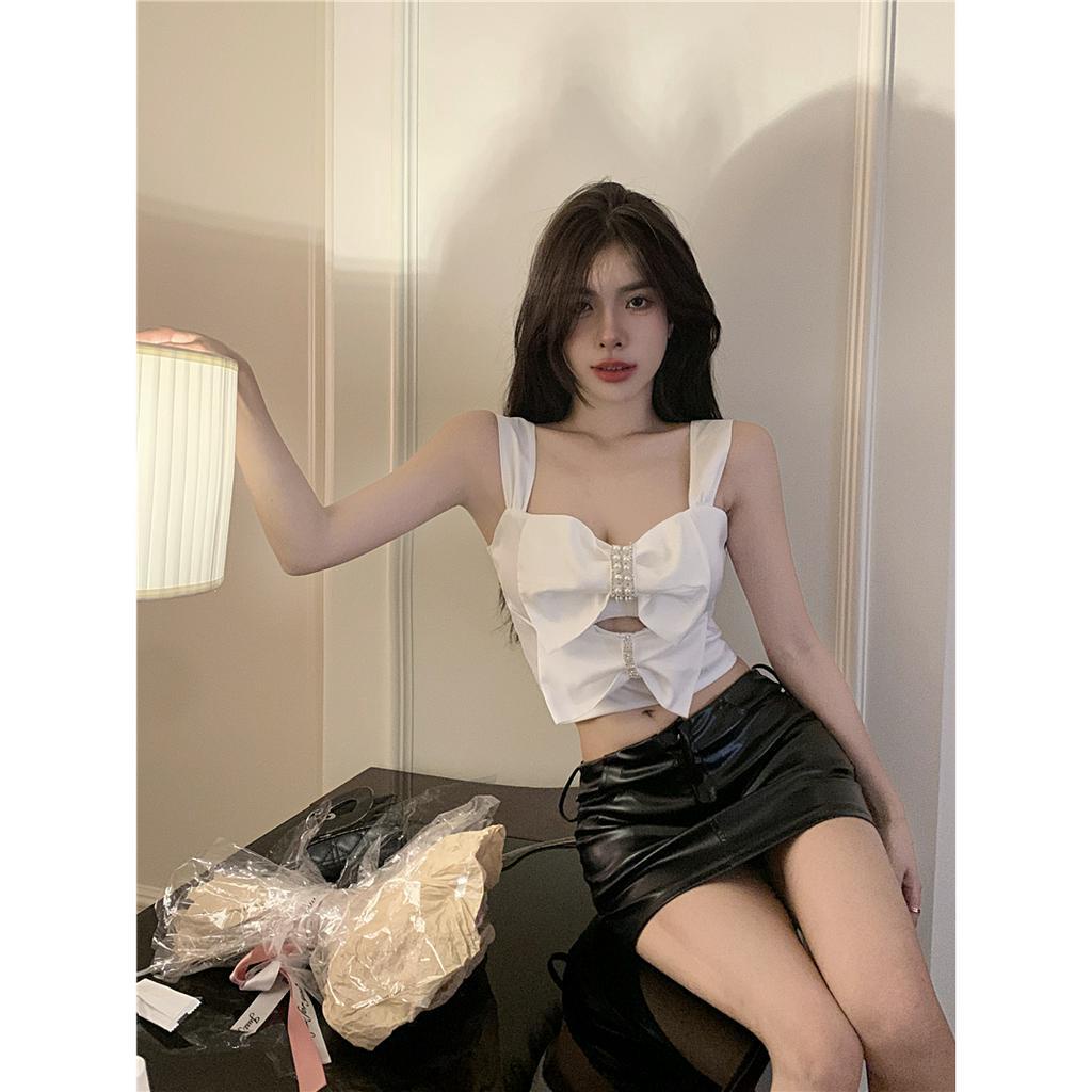 Áo Croptop Hai Dây Thắt Nơ Màu Trơn Thời Trang Mùa Hè Quyến Rũ Cho Nữ