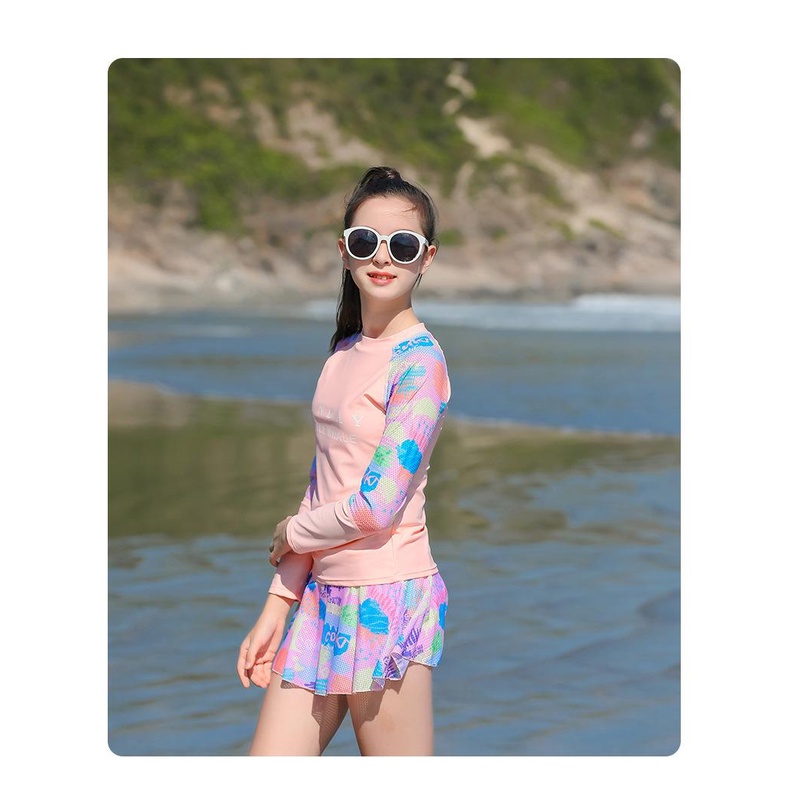 Đồ bơi bé gái tay dài liền thân chân váy Size Đại quần đùi bên trong chống nắng cho bé gái lớn  2204