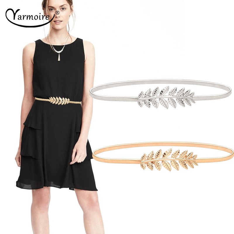 Thắt Lưng Co Giãn Khóa Kim Loại Hình Chiếc Lá Màu Vàng Bạc/Bạc Dành Cho Nữ