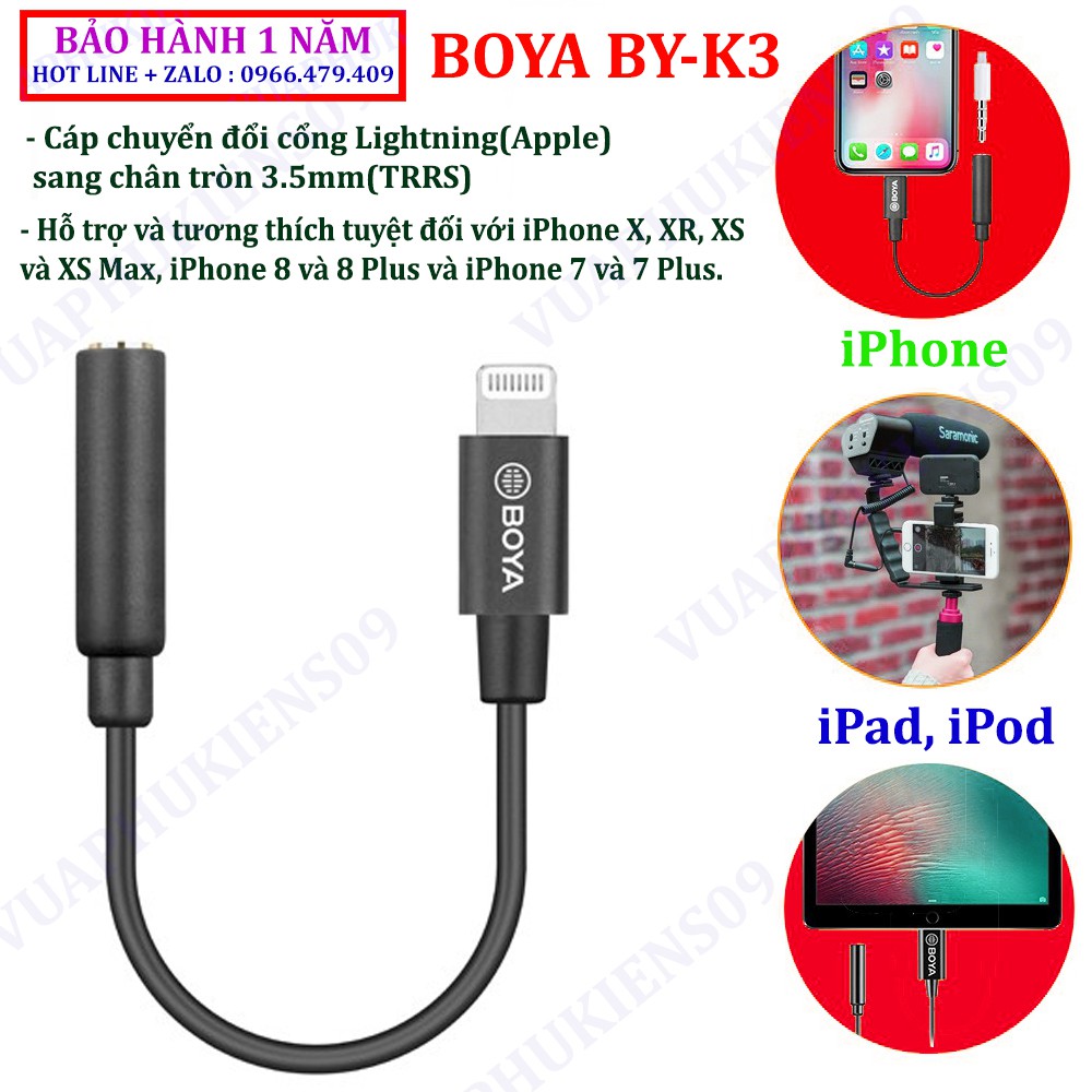 BOYA BY-K3 cap zin chuyển đổi cổng Lightning(Apple) sang cổng chân tròn 3.5mm(TRRS) | Hàng chính hãng